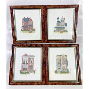 Martha Hinson House Watercolor Drawing Framed Signed Artwork Set of 4 Victorian